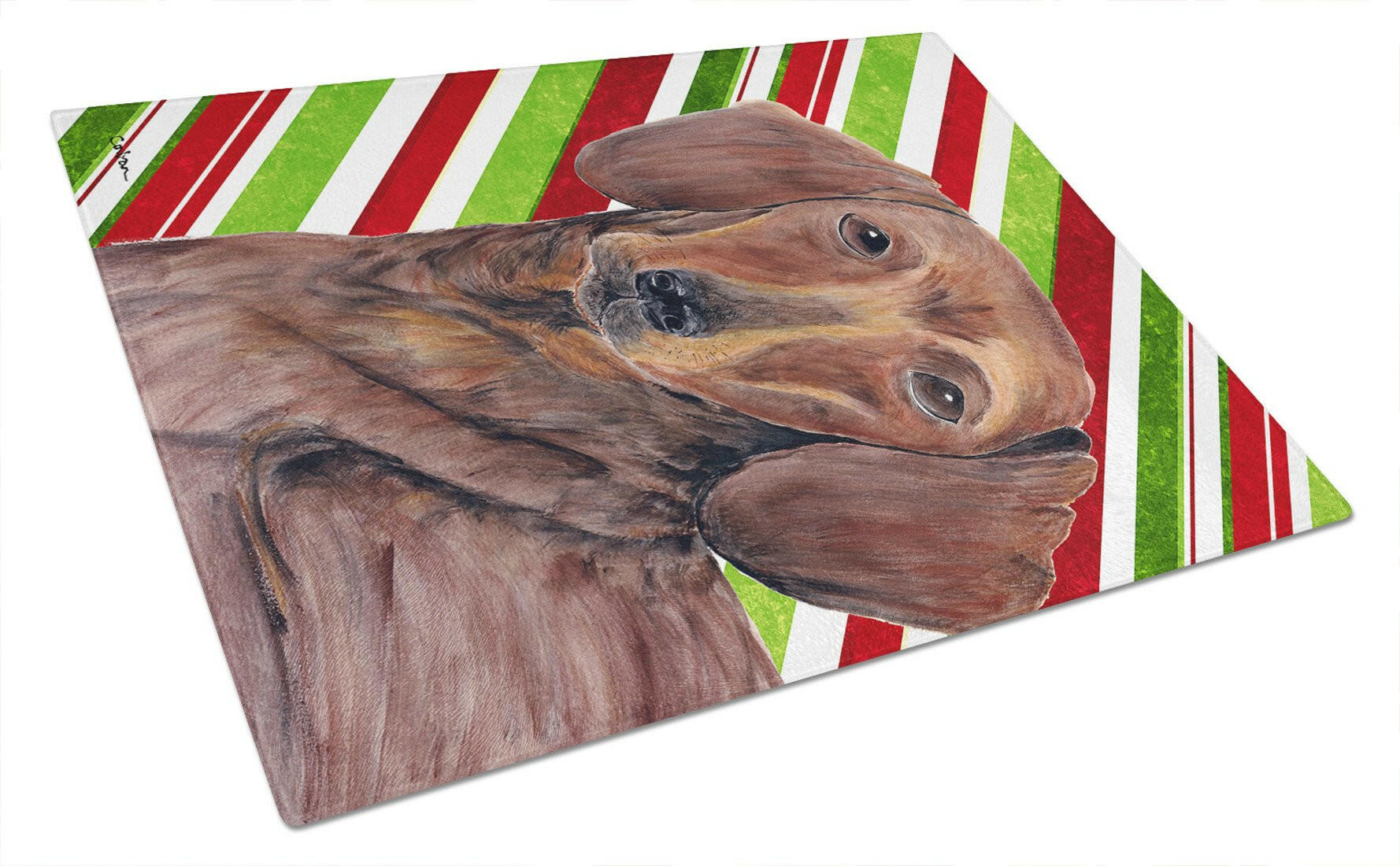Dachshund Candy Cane Holiday Christmas Cutting Board Tempered Glass Kitchen Cutting Surface, Heat Resistant Chopping, Non-Slip Feet, Food Prep & Serving