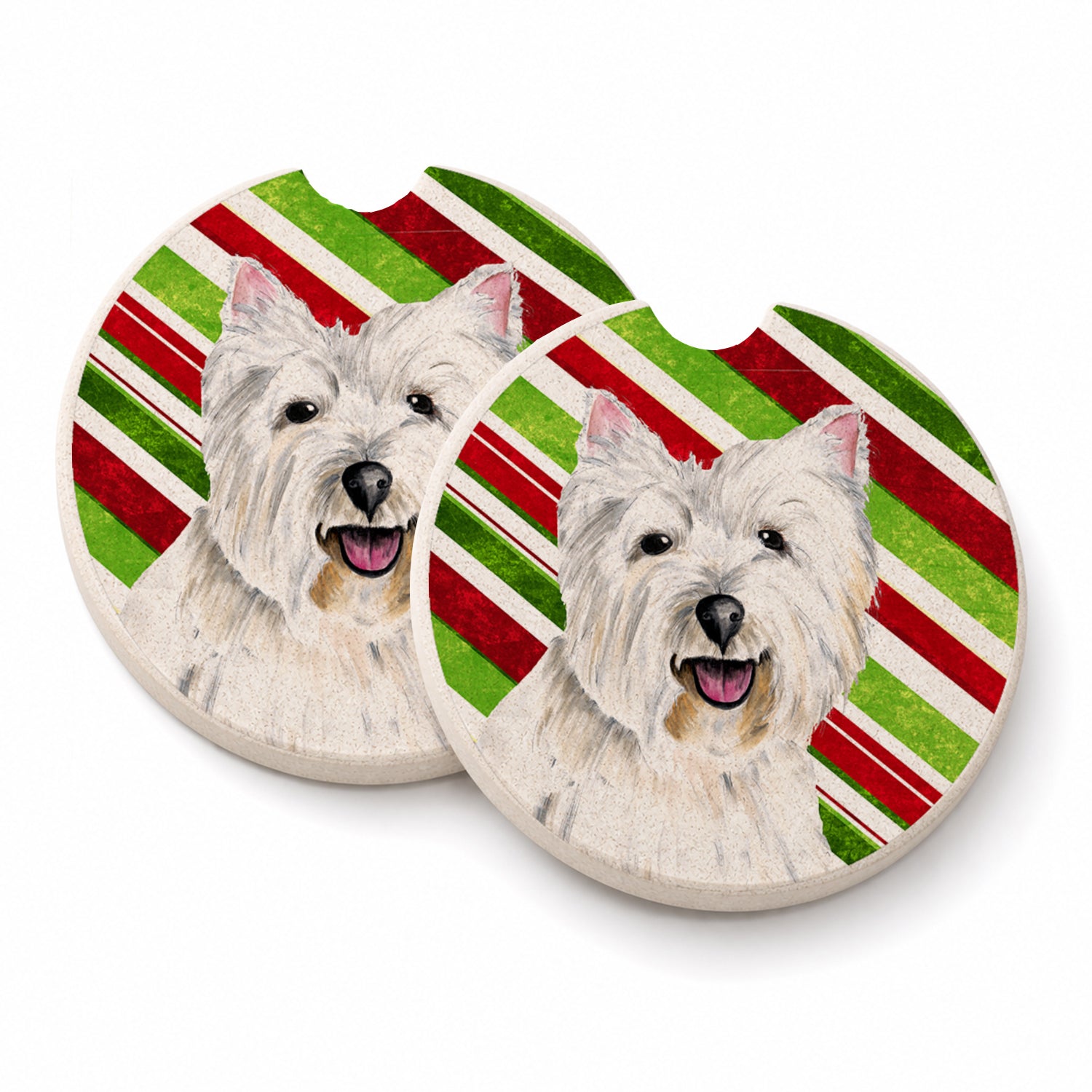 Westie Candy Cane Holiday Christmas Set of 2 Cup Holder Car Coasters Absorbent Round Sandstone Coasters Gifts for Men or Women, 2.5, Multicolor