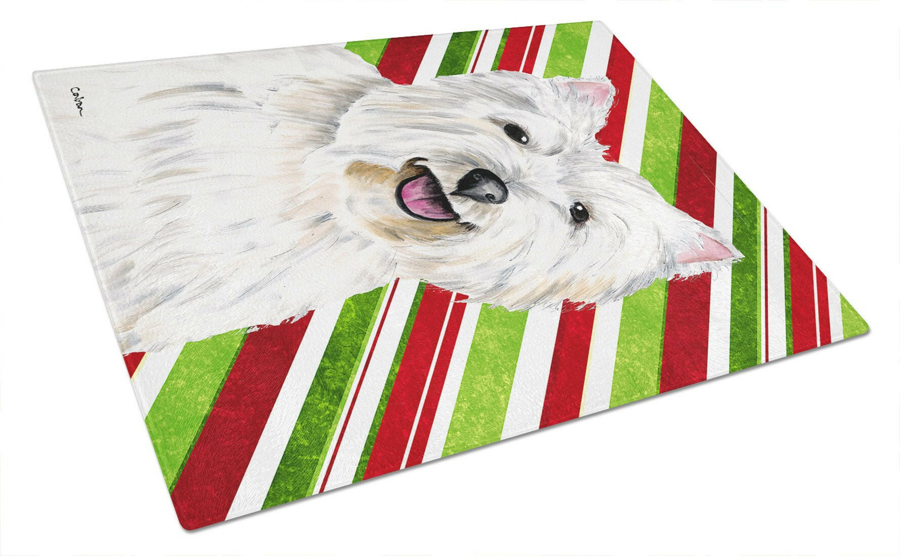 Westie Candy Cane Holiday Christmas Cutting Board Tempered Glass Kitchen Cutting Surface, Heat Resistant Chopping, Non-Slip Feet, Food Prep & Serving