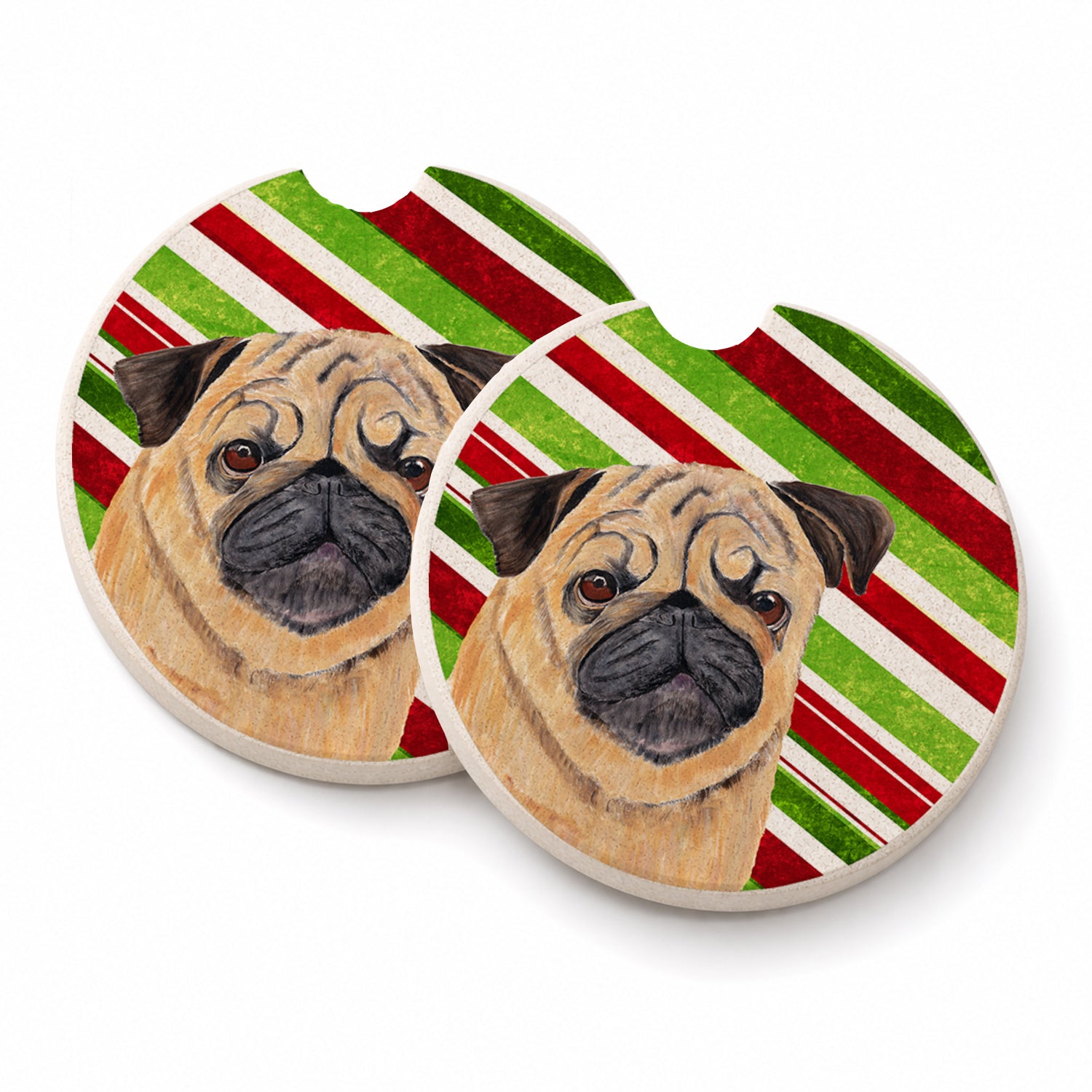Pug Candy Cane Holiday Christmas Set of 2 Cup Holder Car Coasters Absorbent Round Sandstone Coasters Gifts for Men or Women, 2.5, Multicolor