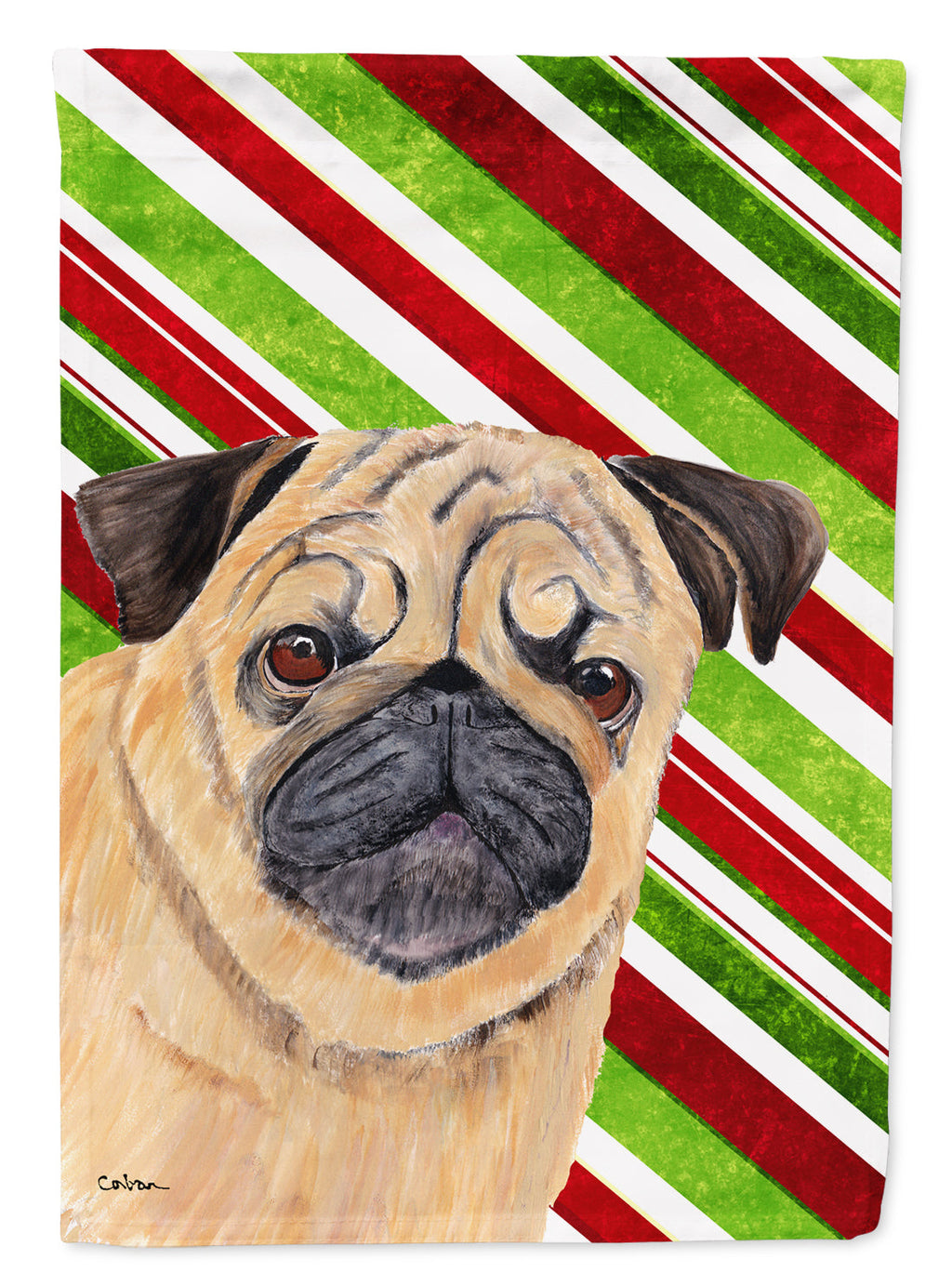 Pug Candy Cane Holiday Christmas House Flag 28x40 Porch Sleeve Pole Decorative Outside Yard Banner Artwork Wall Hanging, Polyester