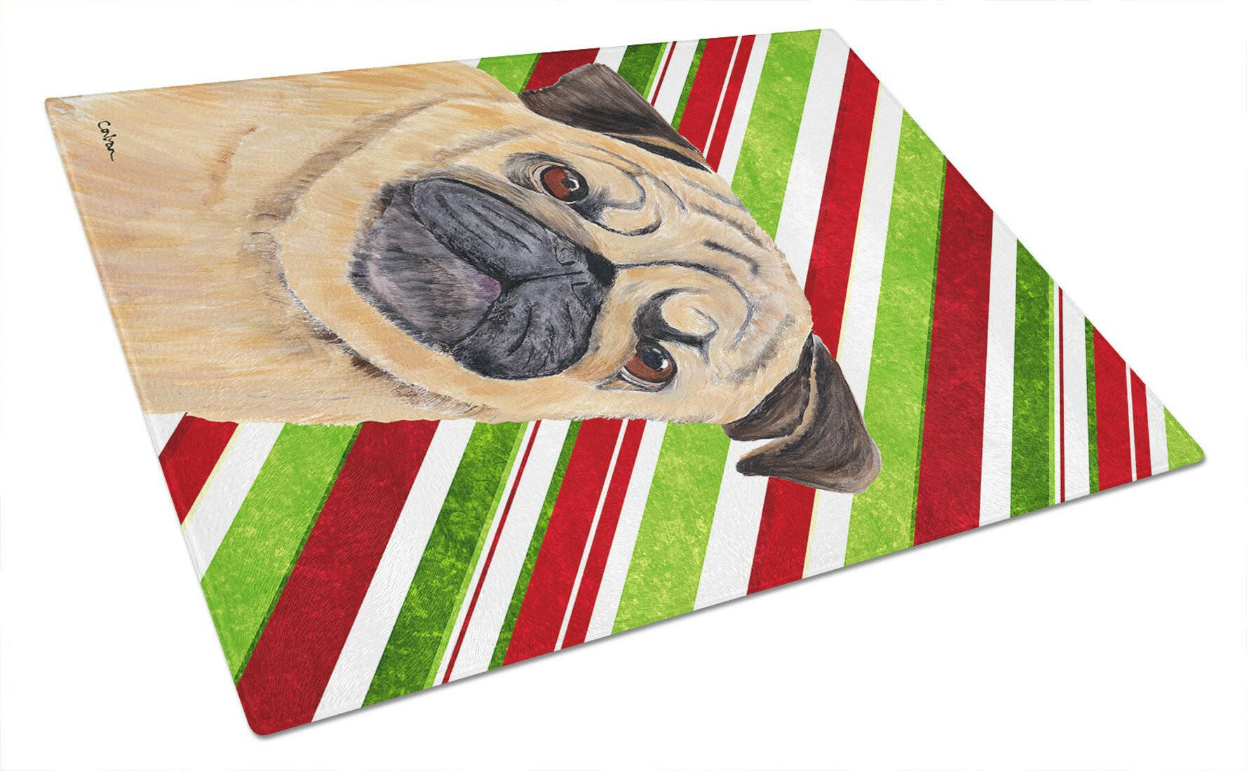 Pug Candy Cane Holiday Christmas Cutting Board Tempered Glass Kitchen Cutting Surface, Heat Resistant Chopping, Non-Slip Feet, Food Prep & Serving