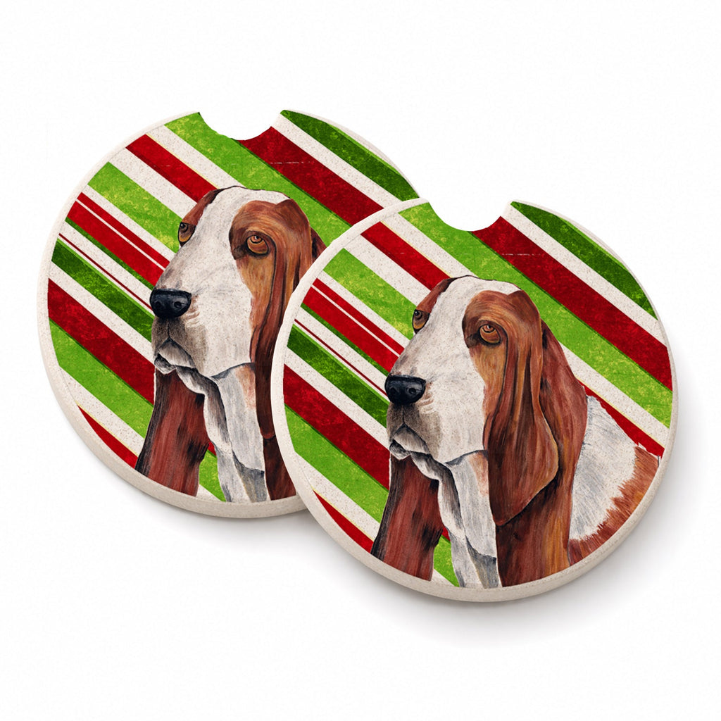 Basset Hound Candy Cane Holiday Christmas Set of 2 Cup Holder Car Coasters Absorbent Round Sandstone Coasters Gifts for Men or Women, 2.5, Multicolor