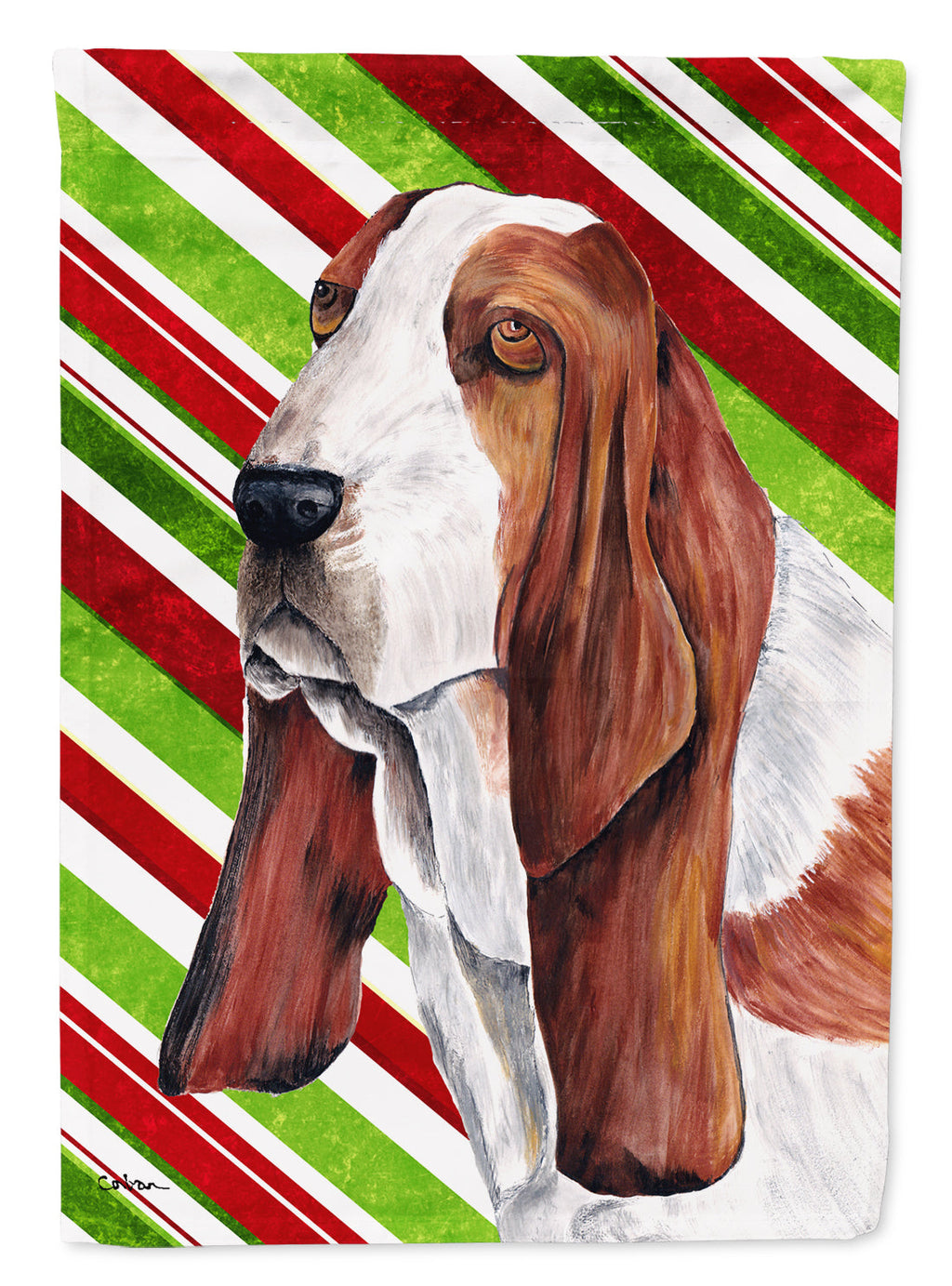 Basset Hound Candy Cane Holiday Christmas House Flag 28x40 Porch Sleeve Pole Decorative Outside Yard Banner Artwork Wall Hanging, Polyester