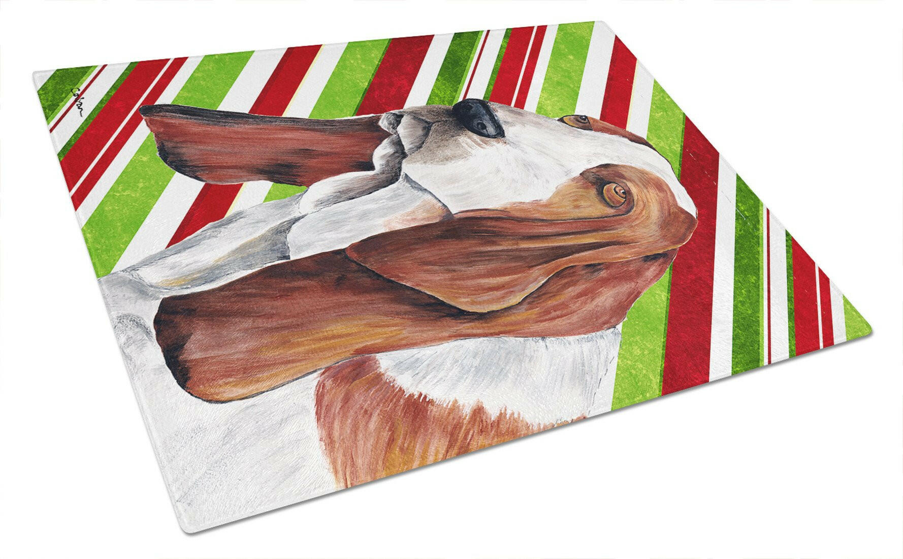 Basset Hound Candy Cane Holiday Christmas Cutting Board Tempered Glass Kitchen Cutting Surface, Heat Resistant Chopping, Non-Slip Feet, Food Prep & Serving