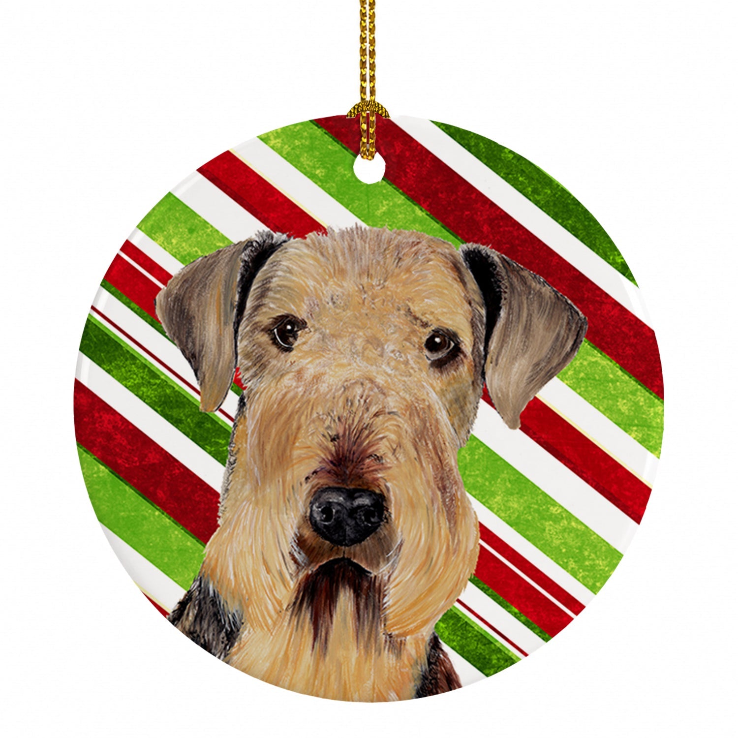 Airedale Candy Cane Holiday Christmas Ceramic Ornament Christmas Tree Hanging Decorations for Home Christmas Holiday, Party, Gift, 3 in, Multicolor