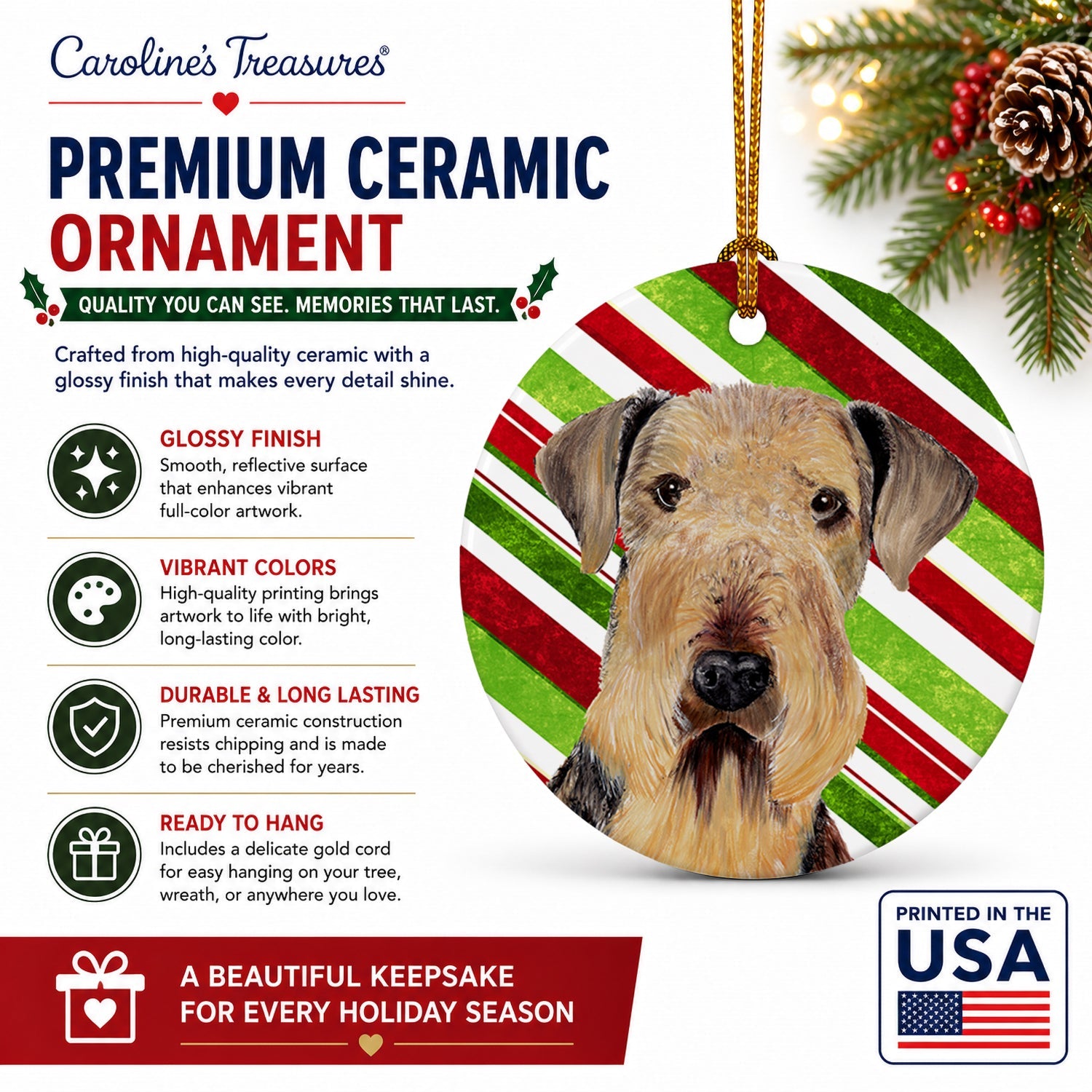 Airedale Candy Cane Holiday Christmas Ceramic Ornament Christmas Tree Hanging Decorations for Home Christmas Holiday, Party, Gift, 3 in, Multicolor