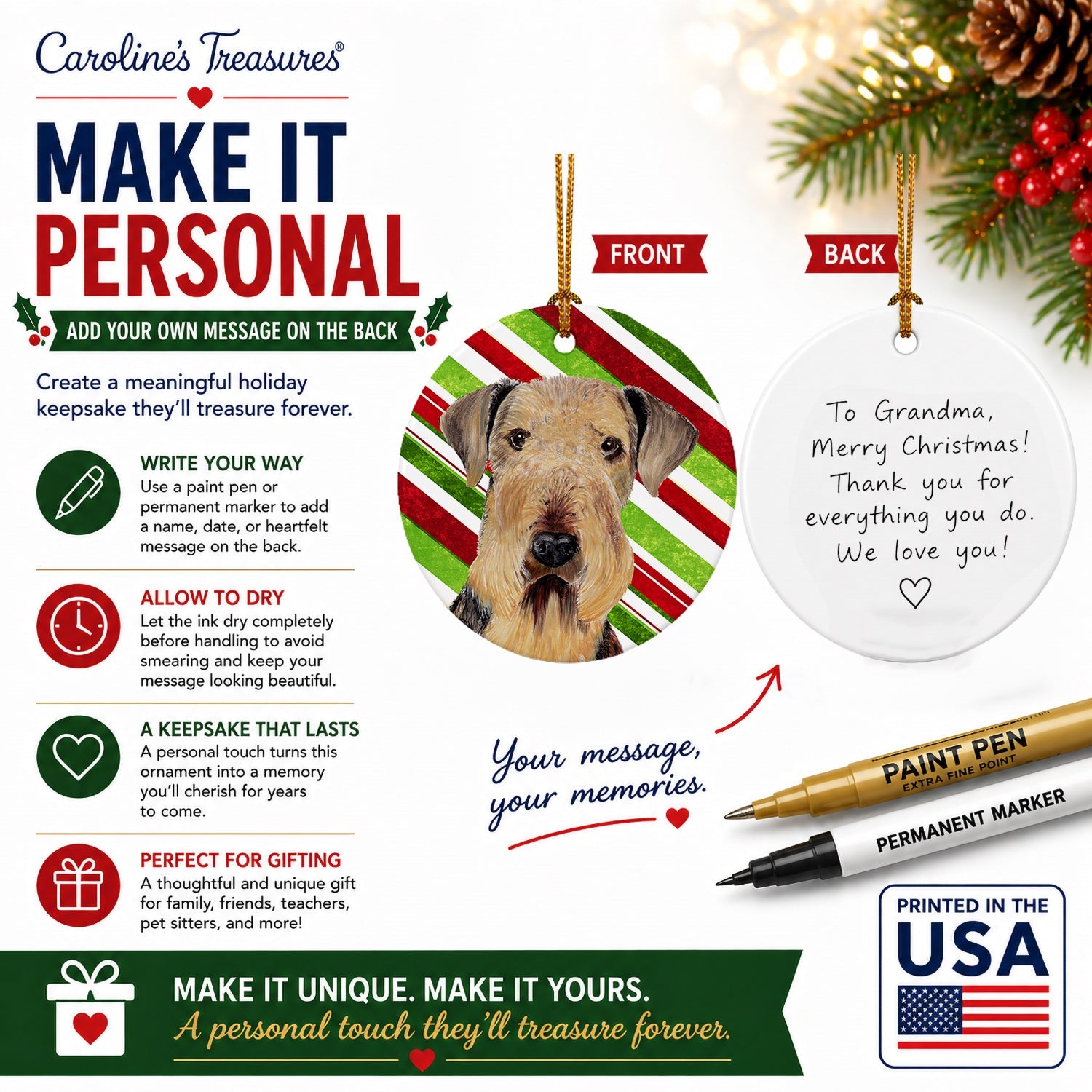 Airedale Candy Cane Holiday Christmas Ceramic Ornament Christmas Tree Hanging Decorations for Home Christmas Holiday, Party, Gift, 3 in, Multicolor