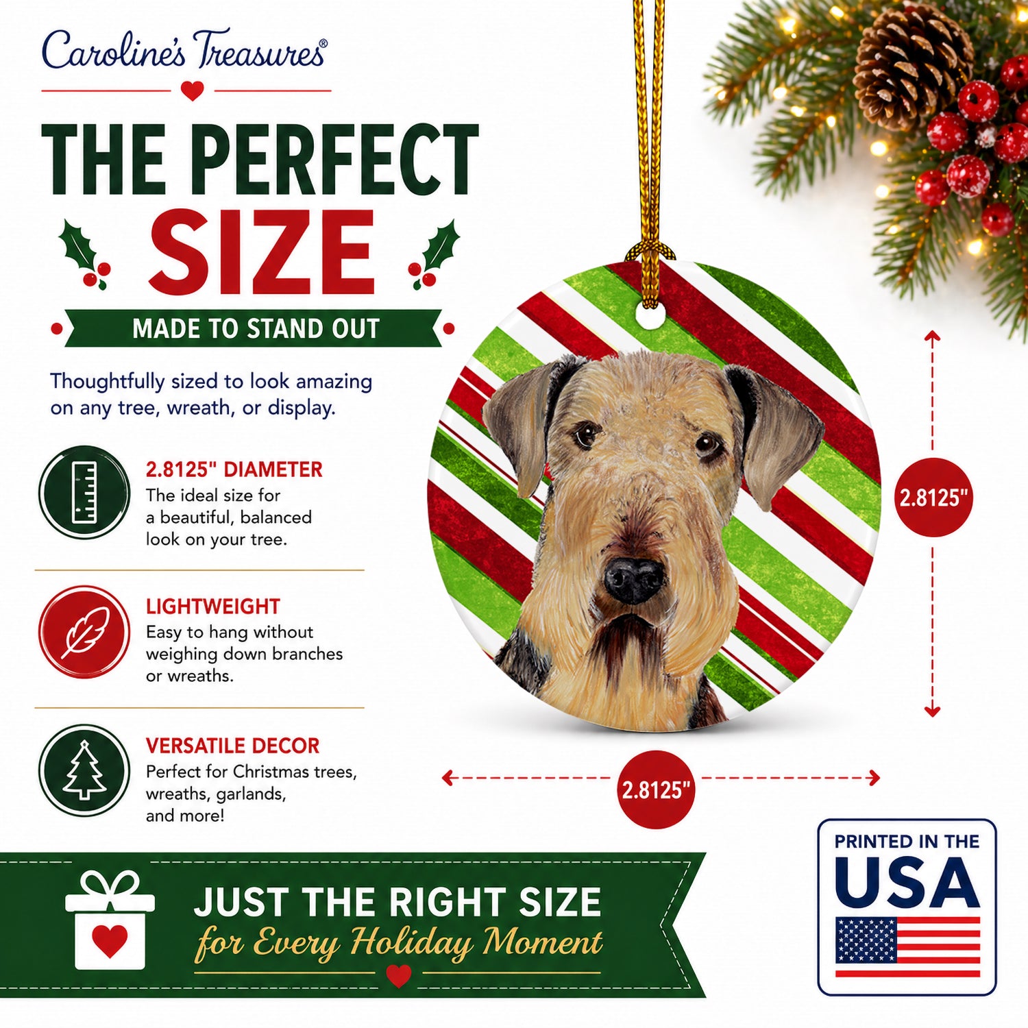Airedale Candy Cane Holiday Christmas Ceramic Ornament Christmas Tree Hanging Decorations for Home Christmas Holiday, Party, Gift, 3 in, Multicolor