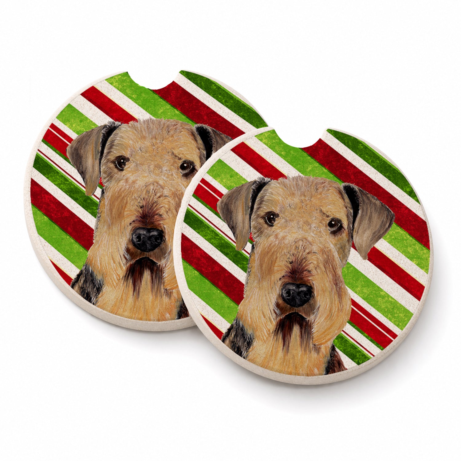 Airedale Candy Cane Holiday Christmas Set of 2 Cup Holder Car Coasters Absorbent Round Sandstone Coasters Gifts for Men or Women, 2.5, Multicolor