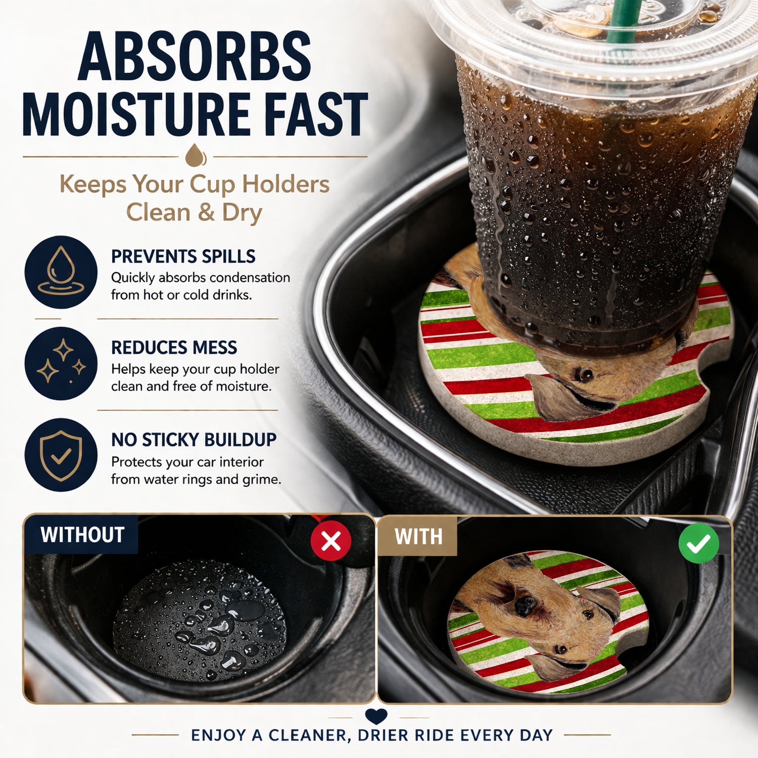 Airedale Candy Cane Holiday Christmas Set of 2 Cup Holder Car Coasters Absorbent Round Sandstone Coasters Gifts for Men or Women, 2.5, Multicolor