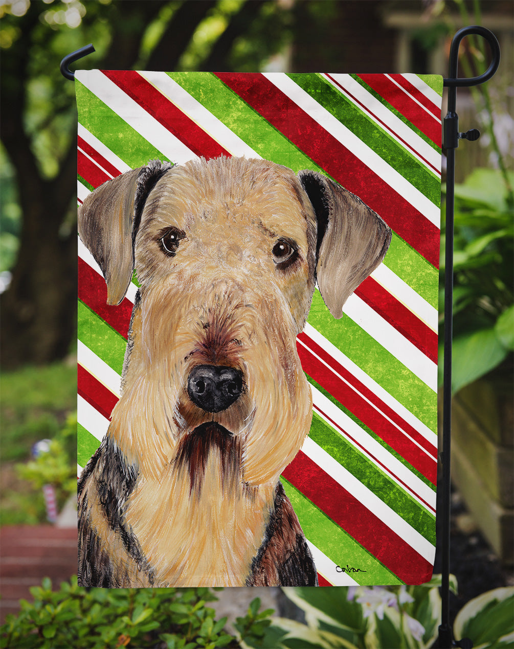 Airedale Candy Cane Holiday Christmas Garden Flag Mailbox Decorative Yard Banner Outside Patio Artwork for Flower Beds, Garden Size, Multicolor