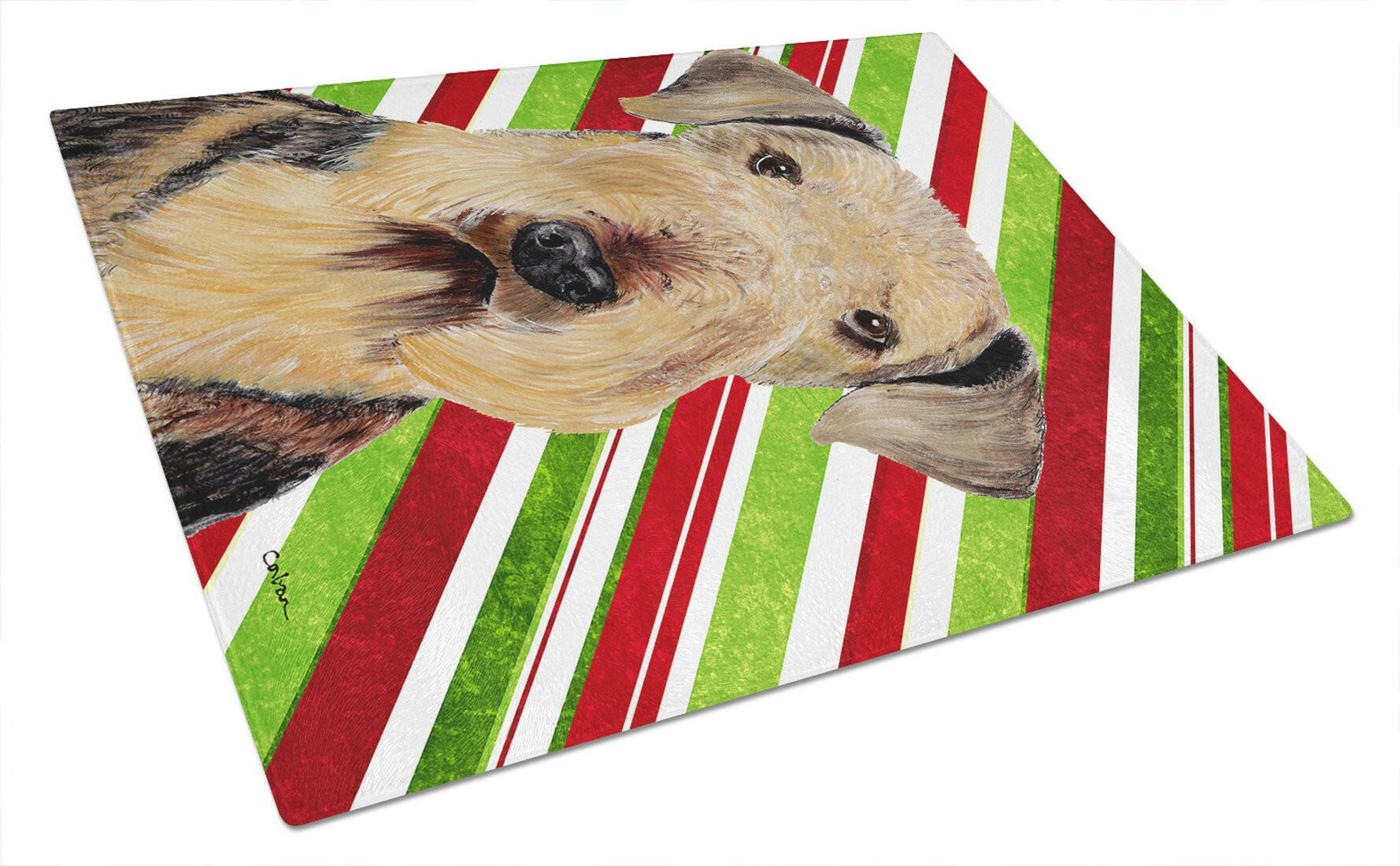Airedale Candy Cane Holiday Christmas Cutting Board Tempered Glass Kitchen Cutting Surface, Heat Resistant Chopping, Non-Slip Feet, Food Prep & Serving