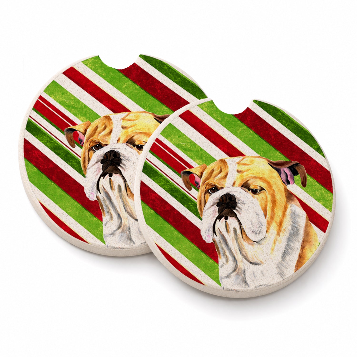 Bulldog English Candy Cane Holiday Christmas Set of 2 Cup Holder Car Coasters Absorbent Round Sandstone Coasters Gifts for Men or Women, 2.5, Multicolor