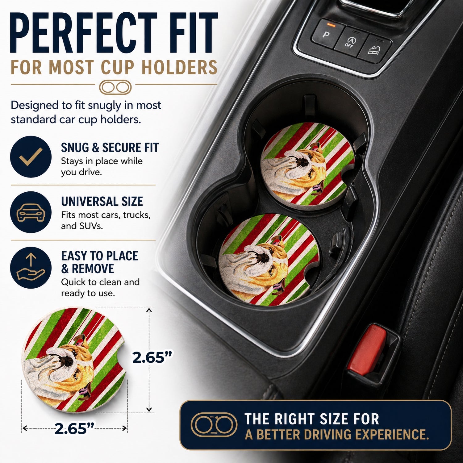 Bulldog English Candy Cane Holiday Christmas Set of 2 Cup Holder Car Coasters Absorbent Round Sandstone Coasters Gifts for Men or Women, 2.5, Multicolor