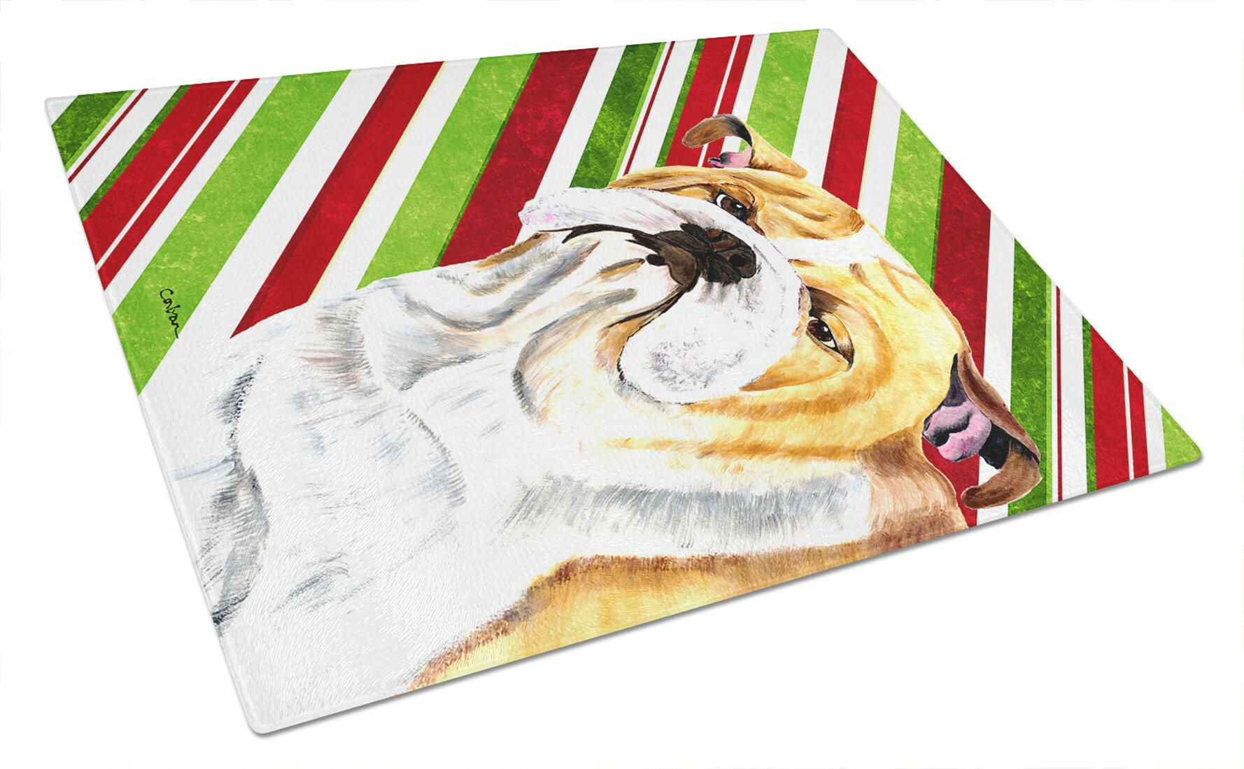 Bulldog English Candy Cane Holiday Christmas Cutting Board Tempered Glass Kitchen Cutting Surface, Heat Resistant Chopping, Non-Slip Feet, Food Prep & Serving