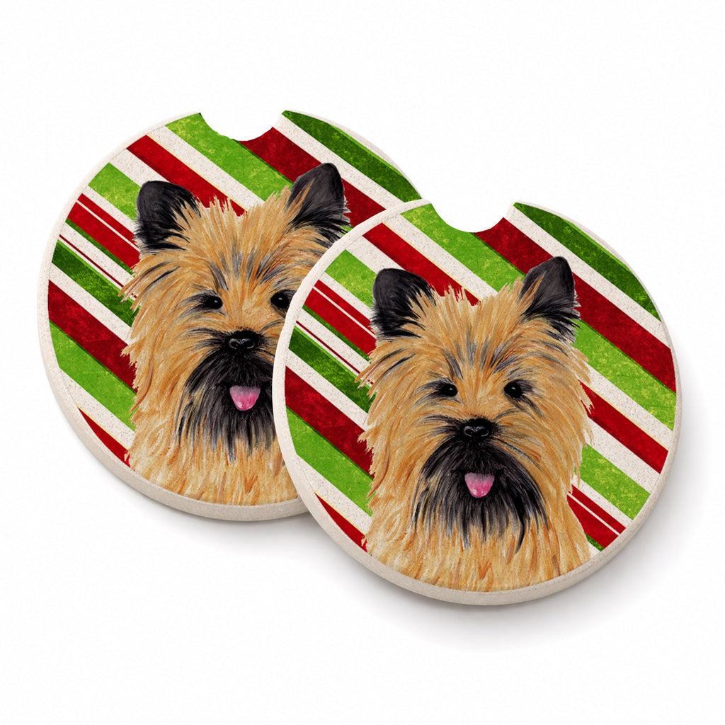 Cairn Terrier Candy Cane Holiday Christmas Set of 2 Cup Holder Car Coasters Absorbent Round Sandstone Coasters Gifts for Men or Women, 2.5, Multicolor