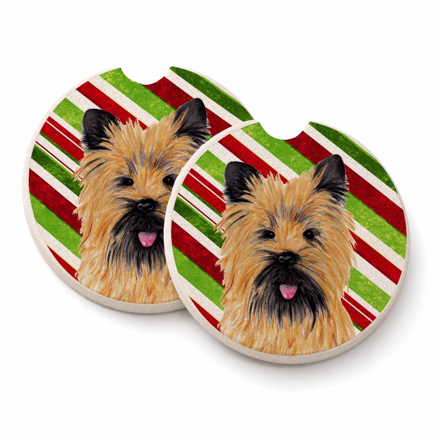 Cairn Terrier Candy Cane Holiday Christmas Set of 2 Cup Holder Car Coasters Absorbent Round Sandstone Coasters Gifts for Men or Women, 2.5, Multicolor