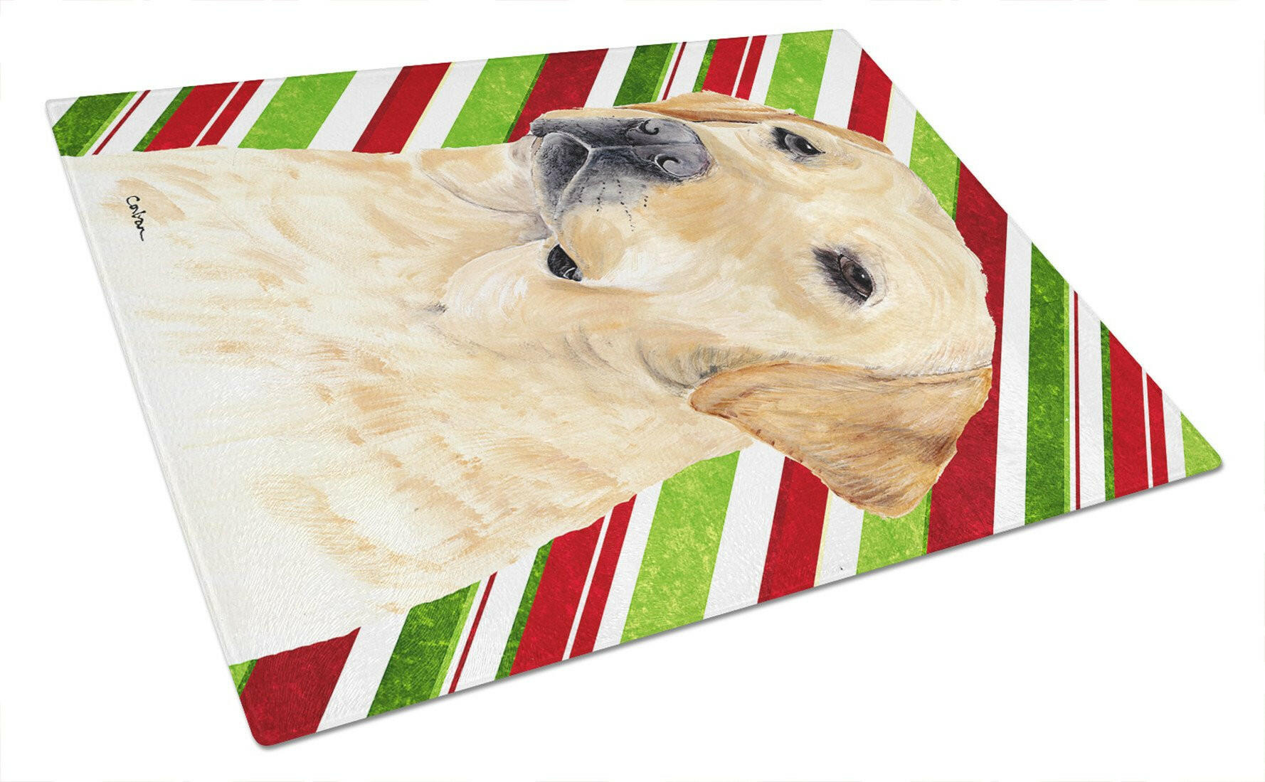 Labrador Candy Cane Holiday Christmas Cutting Board Tempered Glass Kitchen Cutting Surface, Heat Resistant Chopping, Non-Slip Feet, Food Prep & Serving