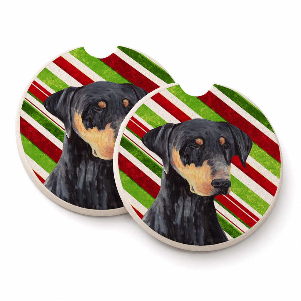 Doberman Candy Cane Holiday Christmas Set of 2 Cup Holder Car Coasters Absorbent Round Sandstone Coasters Gifts for Men or Women, 2.5, Multicolor