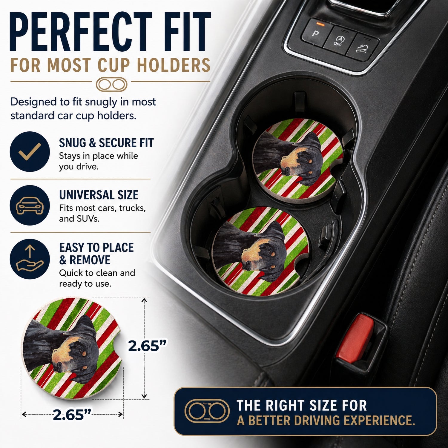 Doberman Candy Cane Holiday Christmas Set of 2 Cup Holder Car Coasters Absorbent Round Sandstone Coasters Gifts for Men or Women, 2.5, Multicolor