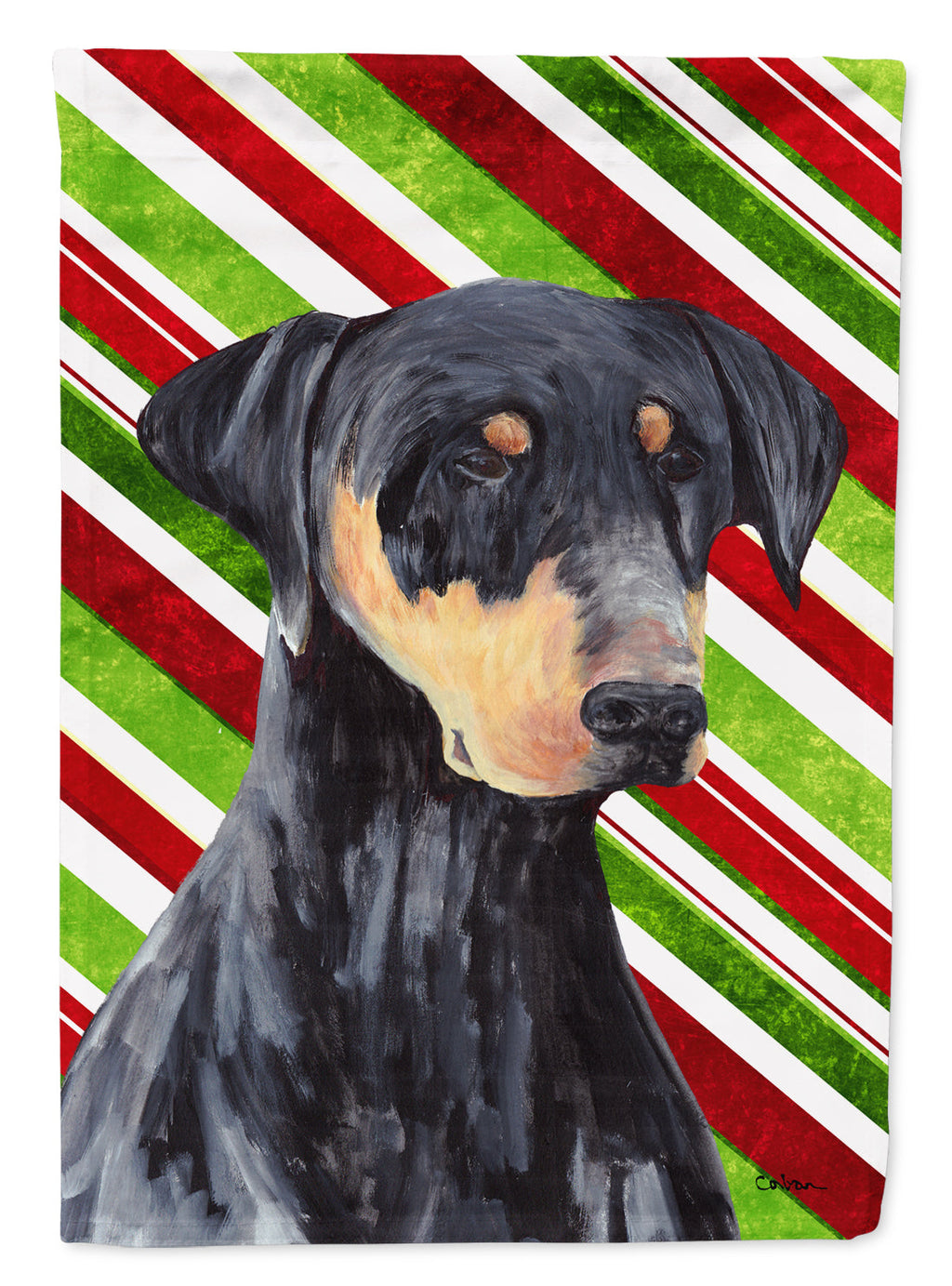 Doberman Candy Cane Holiday Christmas House Flag 28x40 Porch Sleeve Pole Decorative Outside Yard Banner Artwork Wall Hanging, Polyester