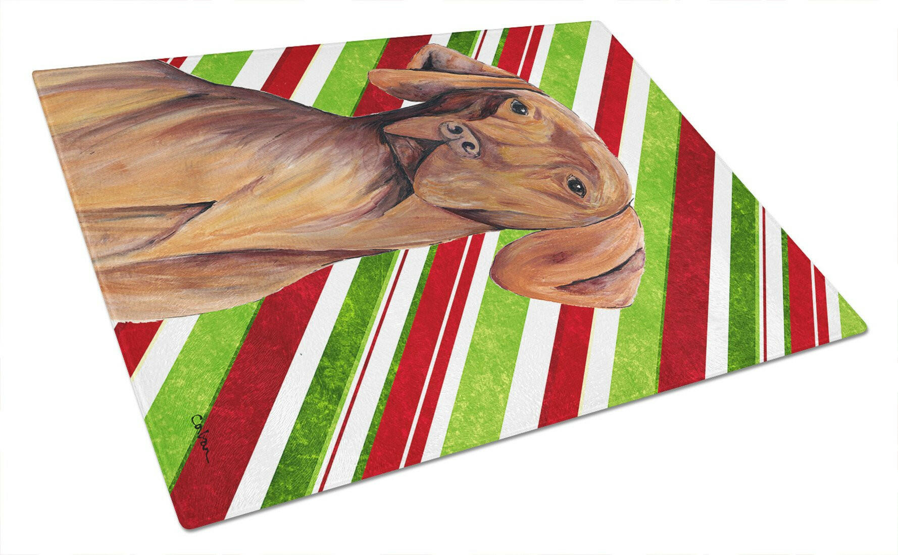 Vizsla Candy Cane Holiday Christmas Cutting Board Tempered Glass Kitchen Cutting Surface, Heat Resistant Chopping, Non-Slip Feet, Food Prep & Serving