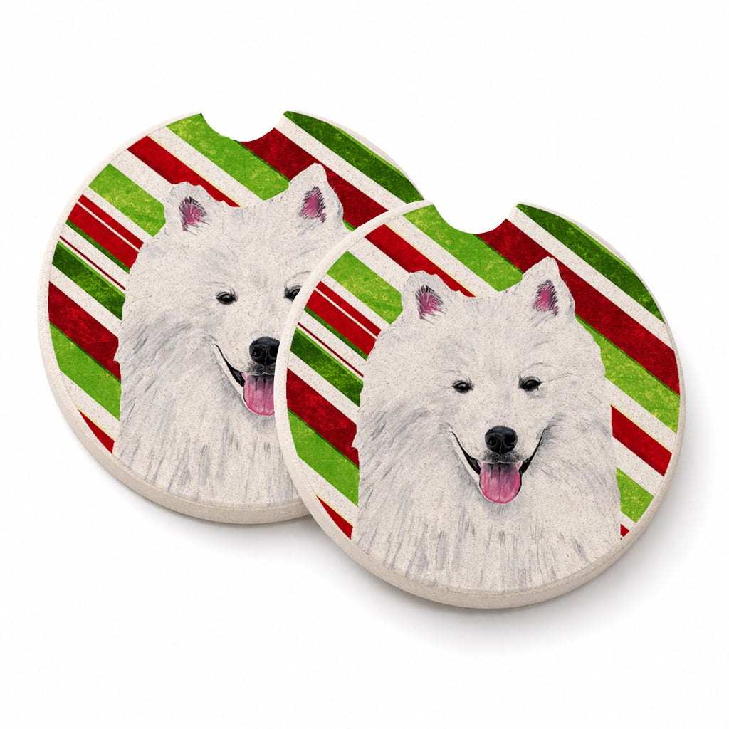 American Eskimo Candy Cane Holiday Christmas Set of 2 Cup Holder Car Coasters Absorbent Round Sandstone Coasters Gifts for Men or Women, 2.5, Multicolor