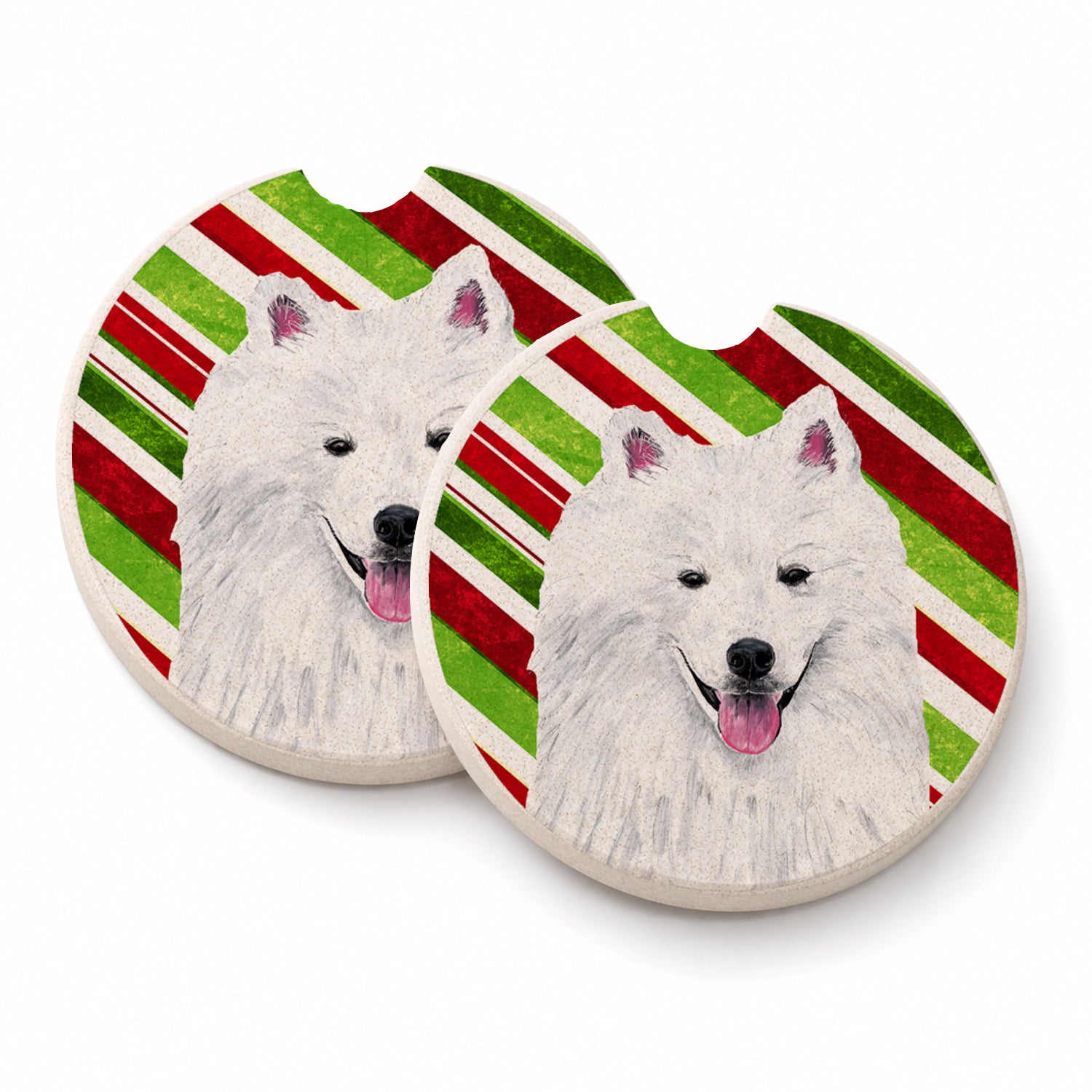 American Eskimo Candy Cane Holiday Christmas Set of 2 Cup Holder Car Coasters Absorbent Round Sandstone Coasters Gifts for Men or Women, 2.5, Multicolor