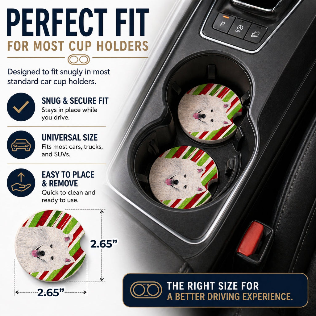 American Eskimo Candy Cane Holiday Christmas Set of 2 Cup Holder Car Coasters Absorbent Round Sandstone Coasters Gifts for Men or Women, 2.5, Multicolor