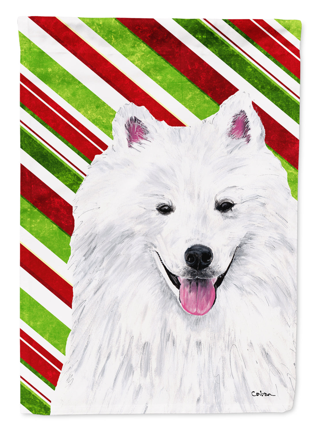 American Eskimo Candy Cane Holiday Christmas House Flag 28x40 Porch Sleeve Pole Decorative Outside Yard Banner Artwork Wall Hanging, Polyester