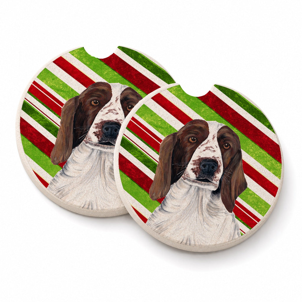 Welsh Springer Spaniel Candy Cane Holiday Christmas Set of 2 Cup Holder Car Coasters Absorbent Round Sandstone Coasters Gifts for Men or Women, 2.5, Multicolor