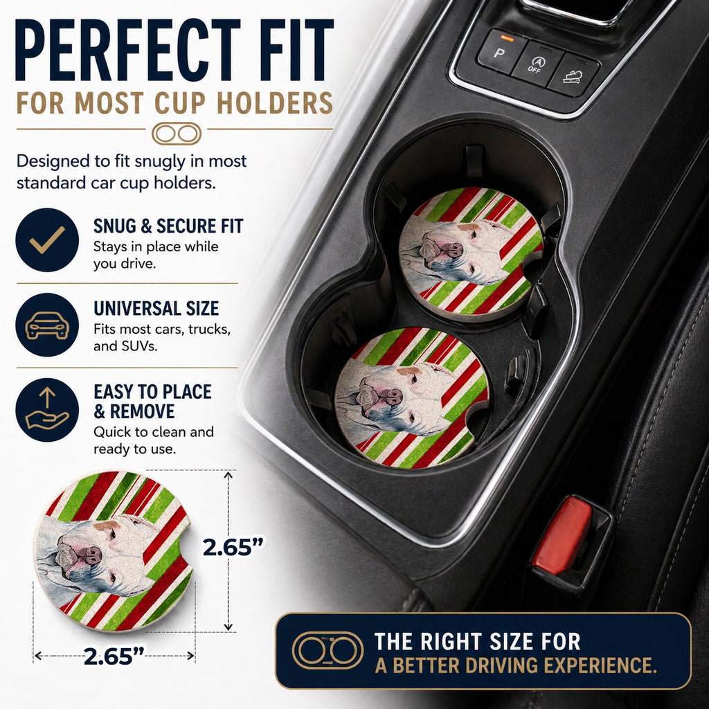 Pit Bull Candy Cane Holiday Christmas Set of 2 Cup Holder Car Coasters Absorbent Round Sandstone Coasters Gifts for Men or Women, 2.5, Multicolor