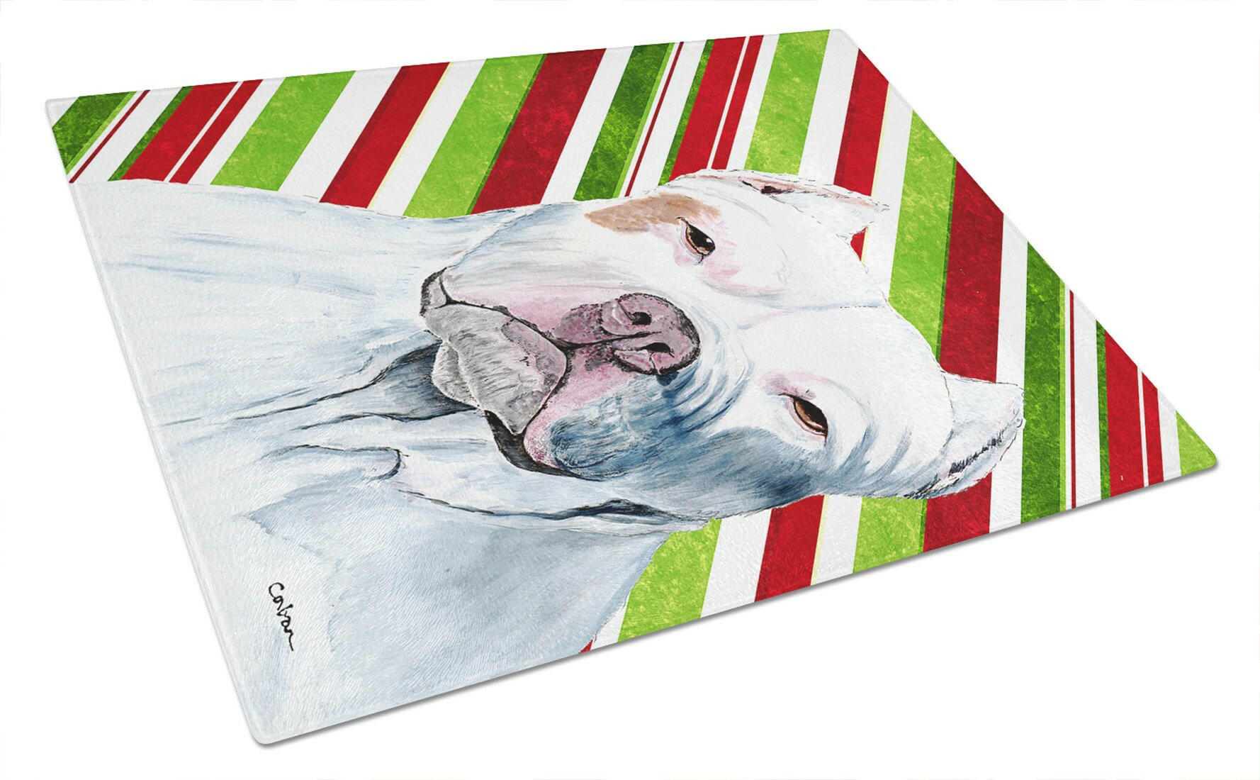 Pit Bull Candy Cane Holiday Christmas Cutting Board Tempered Glass Kitchen Cutting Surface, Heat Resistant Chopping, Non-Slip Feet, Food Prep & Serving
