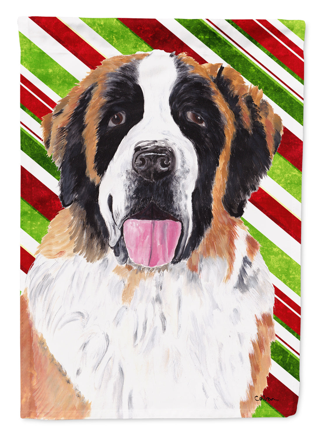 Saint Bernard Candy Cane Holiday Christmas House Flag 28x40 Porch Sleeve Pole Decorative Outside Yard Banner Artwork Wall Hanging, Polyester