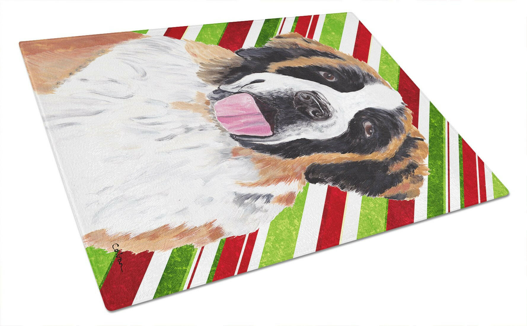 Saint Bernard Candy Cane Holiday Christmas Cutting Board Tempered Glass Kitchen Cutting Surface, Heat Resistant Chopping, Non-Slip Feet, Food Prep & Serving