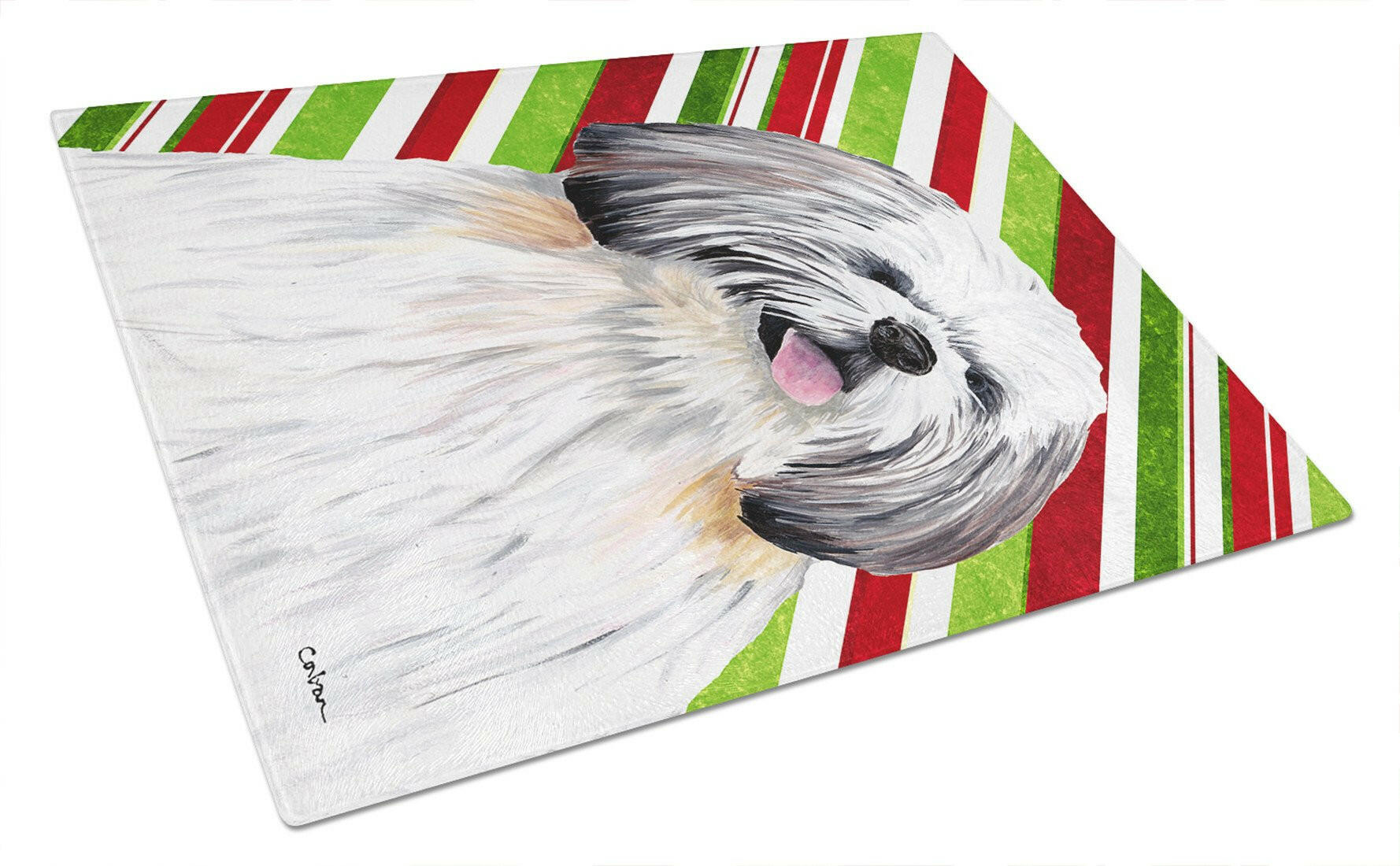 Shih Tzu Candy Cane Holiday Christmas Cutting Board Tempered Glass Kitchen Cutting Surface, Heat Resistant Chopping, Non-Slip Feet, Food Prep & Serving