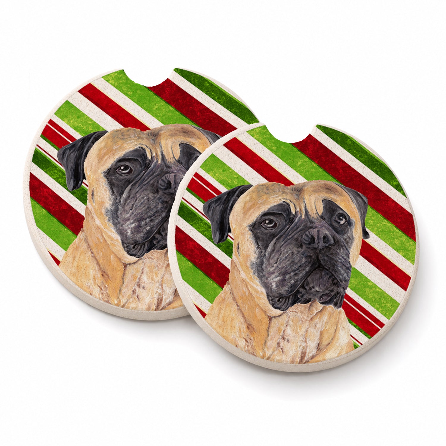 Mastiff Candy Cane Holiday Christmas Set of 2 Cup Holder Car Coasters Absorbent Round Sandstone Coasters Gifts for Men or Women, 2.5, Multicolor