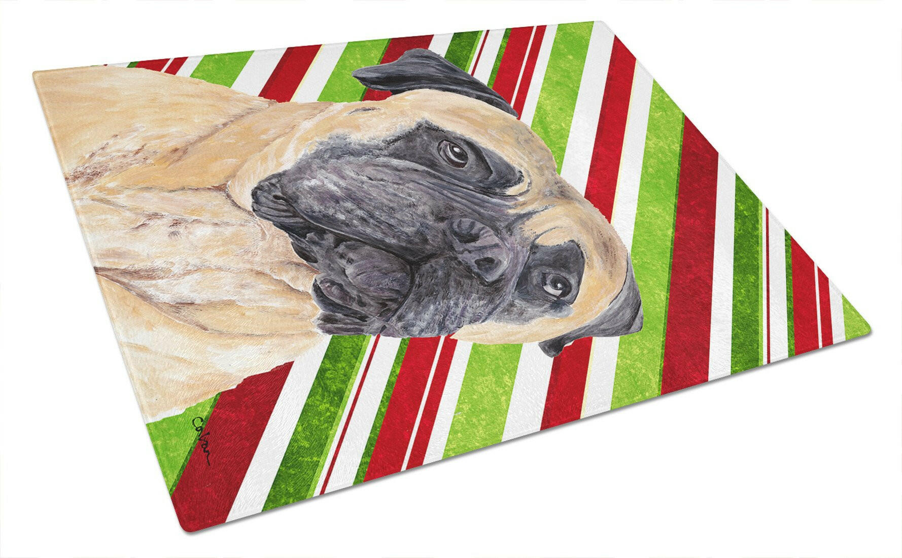 Mastiff Candy Cane Holiday Christmas Cutting Board Tempered Glass Kitchen Cutting Surface, Heat Resistant Chopping, Non-Slip Feet, Food Prep & Serving