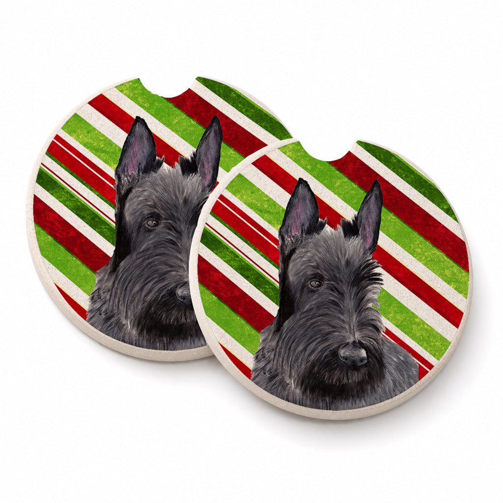 Scottish Terrier Candy Cane Holiday Christmas Set of 2 Cup Holder Car Coasters Absorbent Round Sandstone Coasters Gifts for Men or Women, 2.5, Multicolor