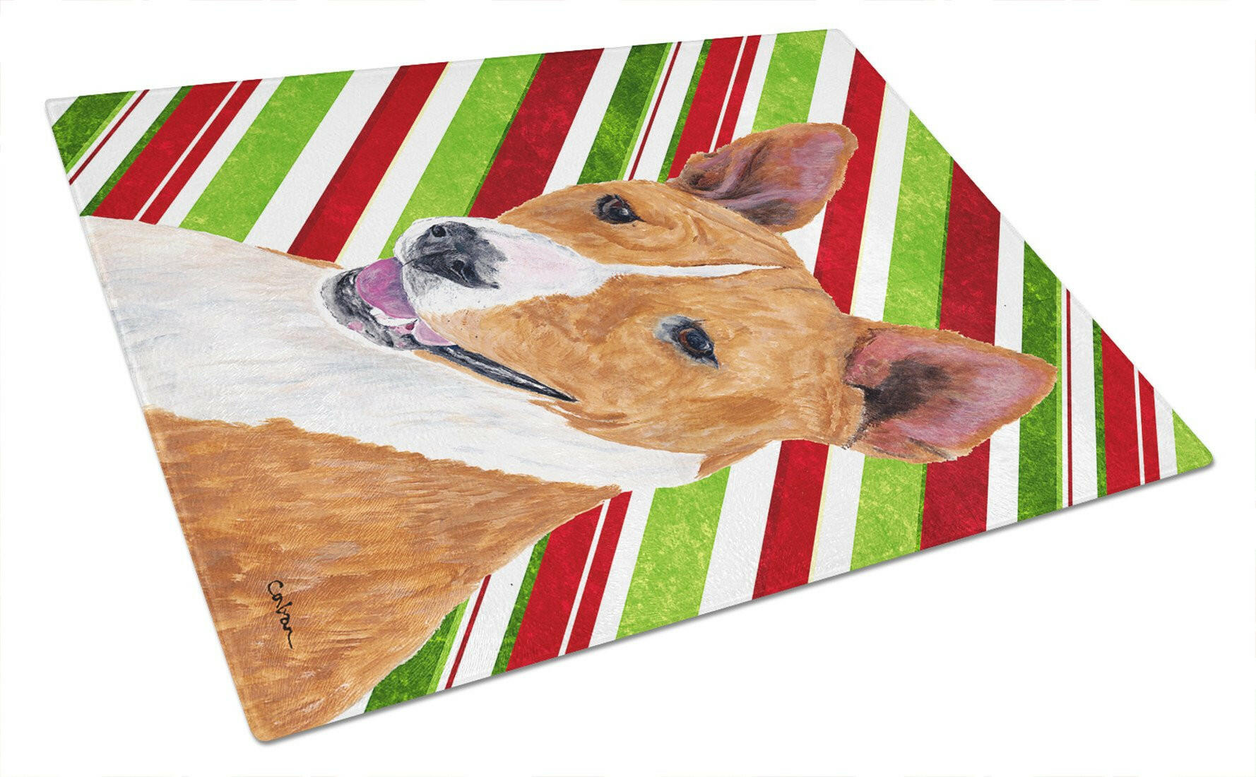 Basenji Candy Cane Holiday Christmas Cutting Board Tempered Glass Kitchen Cutting Surface, Heat Resistant Chopping, Non-Slip Feet, Food Prep & Serving