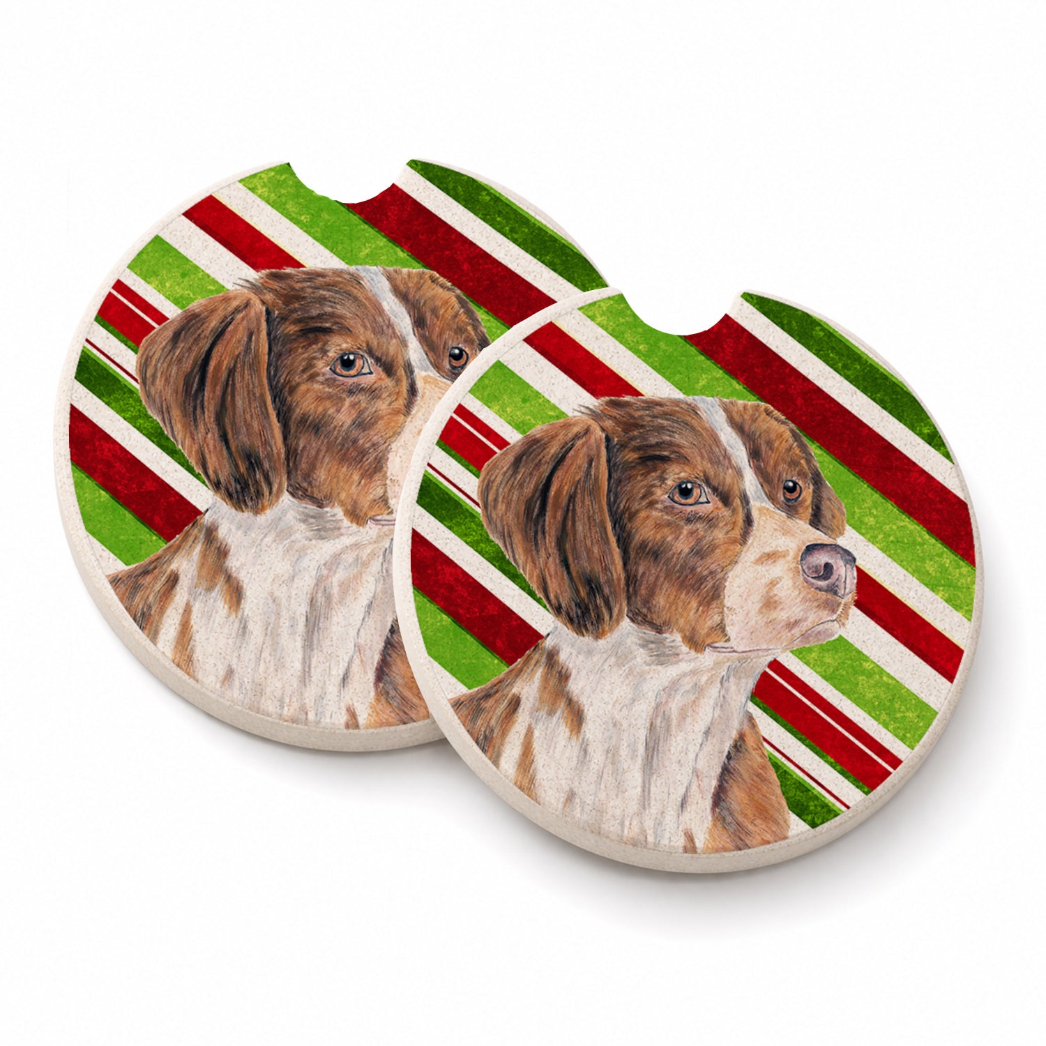 Brittany Candy Cane Holiday Christmas Set of 2 Cup Holder Car Coasters Absorbent Round Sandstone Coasters Gifts for Men or Women, 2.5, Multicolor