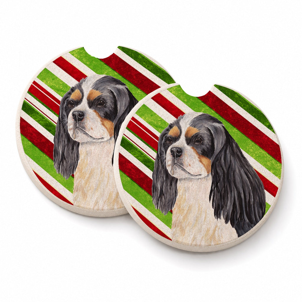 Cavalier Spaniel Candy Cane Holiday Christmas Set of 2 Cup Holder Car Coasters Absorbent Round Sandstone Coasters Gifts for Men or Women, 2.5, Multicolor