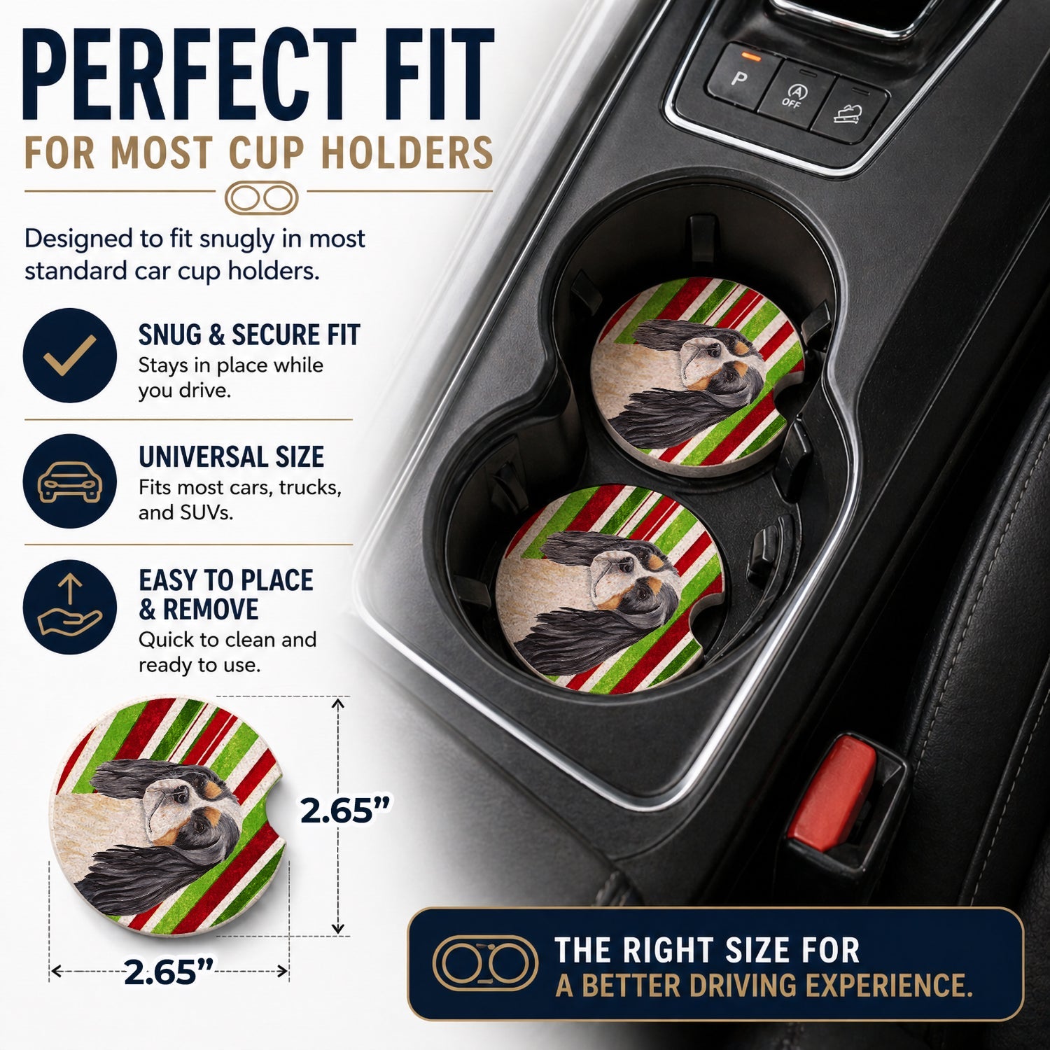 Cavalier Spaniel Candy Cane Holiday Christmas Set of 2 Cup Holder Car Coasters Absorbent Round Sandstone Coasters Gifts for Men or Women, 2.5, Multicolor