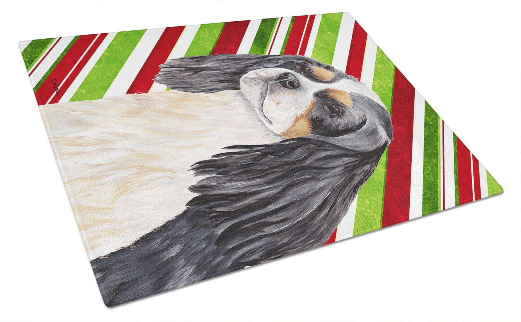 Cavalier Spaniel Candy Cane Holiday Christmas Cutting Board Tempered Glass Kitchen Cutting Surface, Heat Resistant Chopping, Non-Slip Feet, Food Prep & Serving