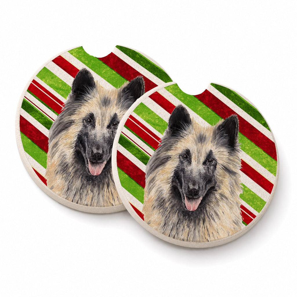Belgian Tervuren Candy Cane Holiday Christmas Set of 2 Cup Holder Car Coasters Absorbent Round Sandstone Coasters Gifts for Men or Women, 2.5, Multicolor