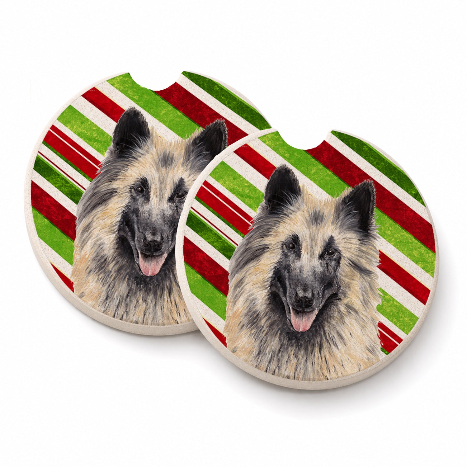 Belgian Tervuren Candy Cane Holiday Christmas Set of 2 Cup Holder Car Coasters Absorbent Round Sandstone Coasters Gifts for Men or Women, 2.5, Multicolor