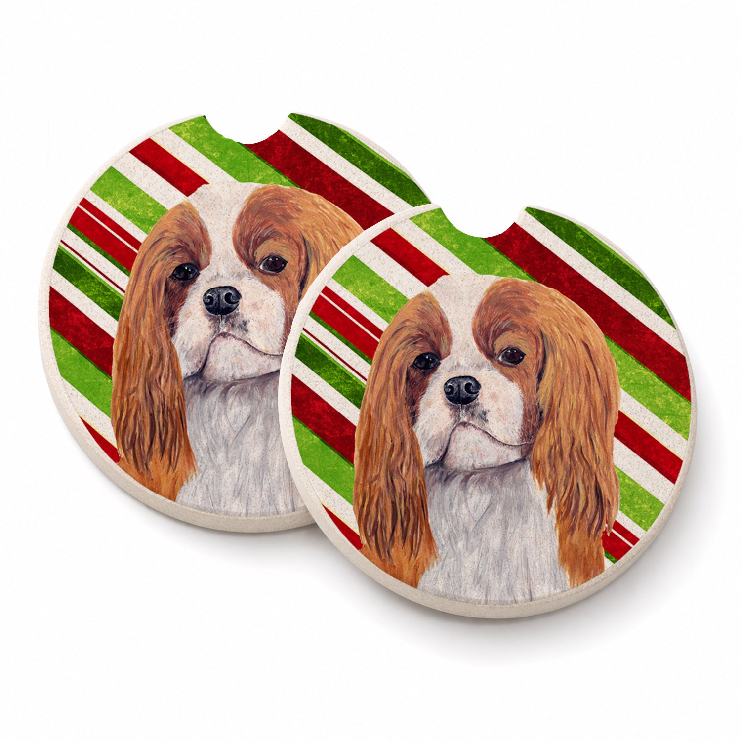 Cavalier Spaniel Candy Cane Holiday Christmas Set of 2 Cup Holder Car Coasters Absorbent Round Sandstone Coasters Gifts for Men or Women, 2.5, Multicolor