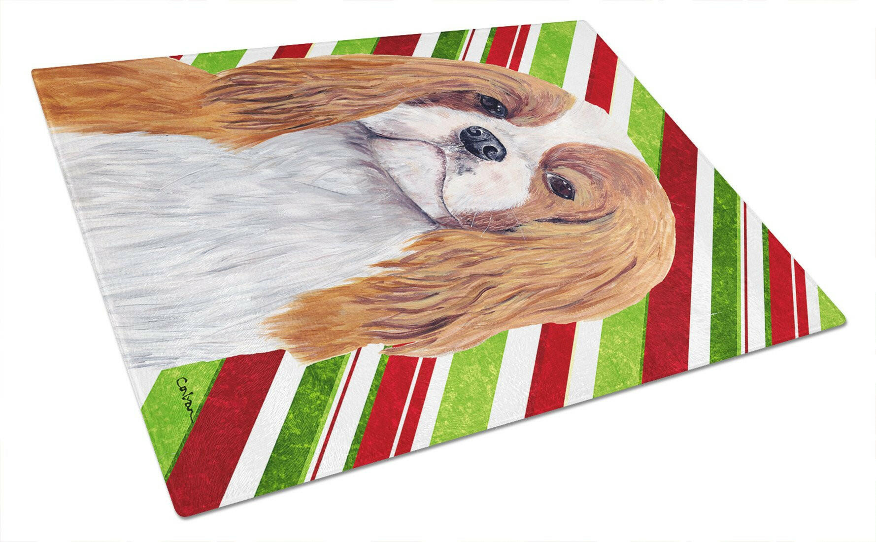 Cavalier Spaniel Candy Cane Holiday Christmas Cutting Board Tempered Glass Kitchen Cutting Surface, Heat Resistant Chopping, Non-Slip Feet, Food Prep & Serving