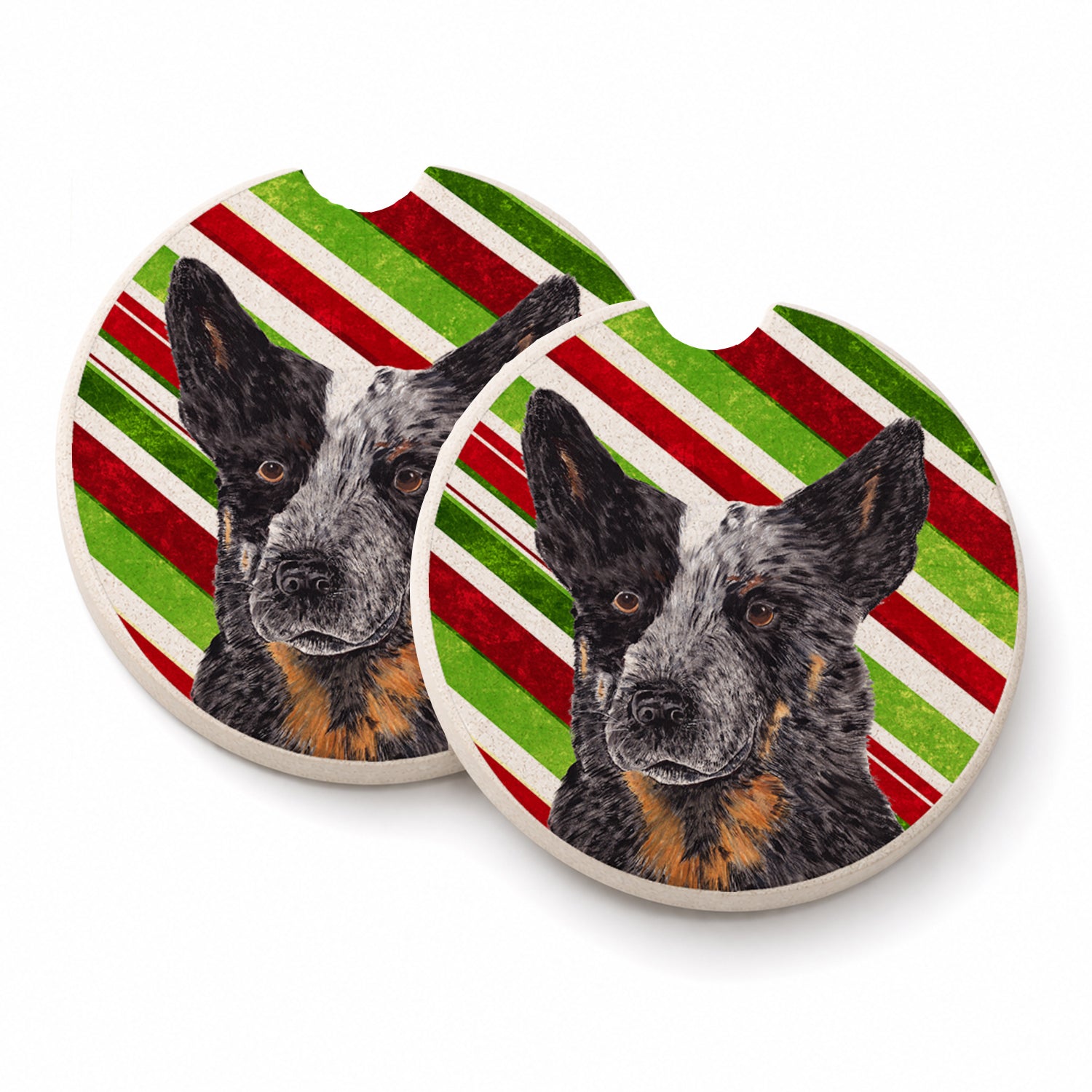 Australian Cattle Dog Candy Cane Holiday Christmas Set of 2 Cup Holder Car Coasters Absorbent Round Sandstone Coasters Gifts for Men or Women, 2.5, Multicolor
